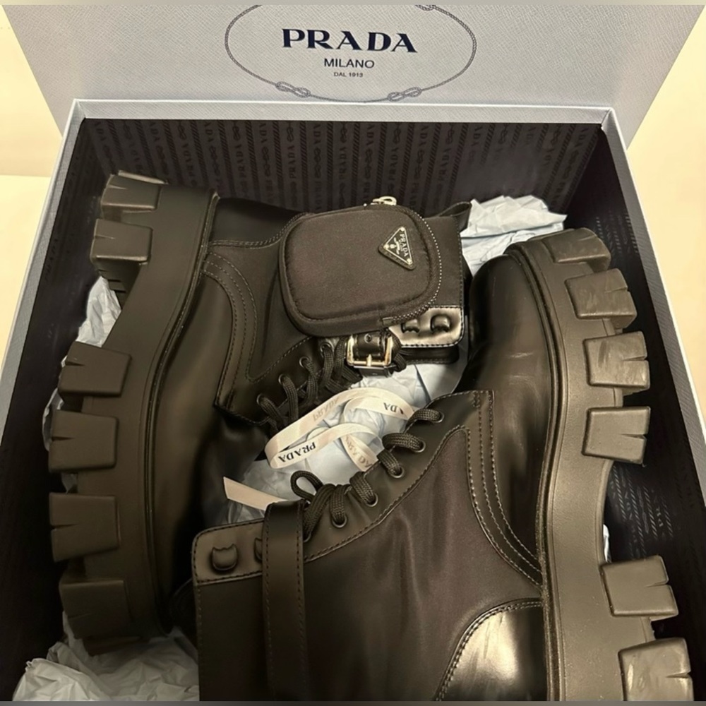 Prada monolith leather and Re-Nylon boots with pouch